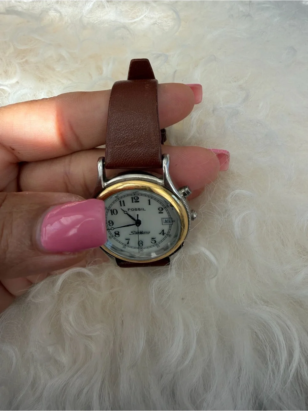 Fossil Two-Tone Bezel White Dial Watch with Brown Leather Strap